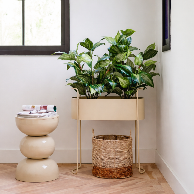 Jardinière sur pied métal beige...