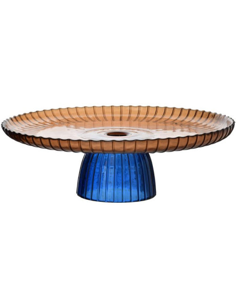 Présentoir à gâteau sur pied verre ambré bleu 29,5x10 cm...
