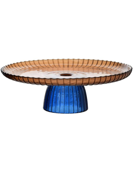 Présentoir à gâteau sur pied verre ambré bleu 29,5x10 cm Kosta