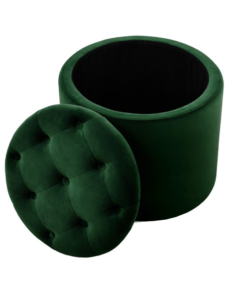 Pouf coffre rond capitonné en velours vert 44x44x42 cm Paimpol
