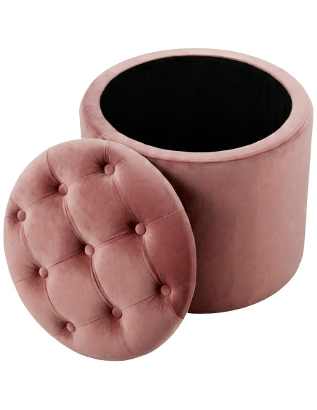 Pouf coffre rond capitonné velours rose poudré 44x44x42 cm Paimpol