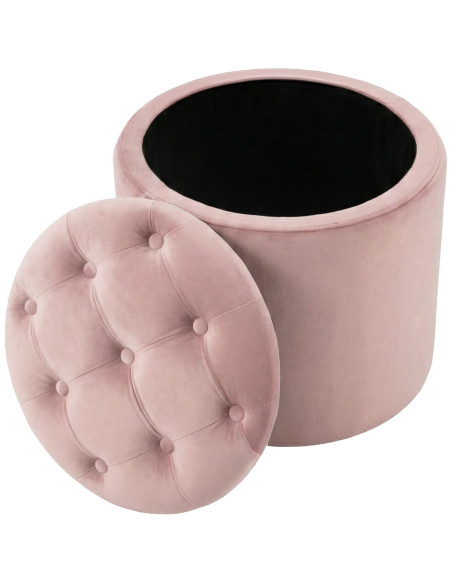 Pouf coffre rond capitonné velours rose clair 44x44x42 cm Paimpol