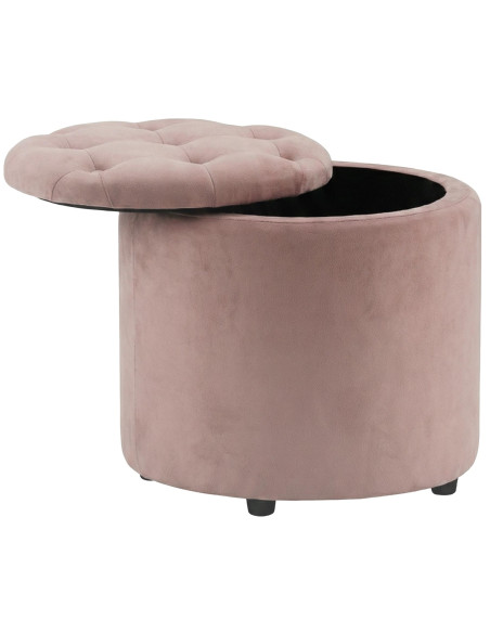 Pouf coffre rond capitonné velours rose clair 44x44x42 cm Paimpol