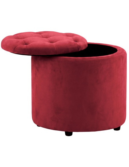 Pouf coffre rond capitonné velours rouge 44x44x42 cm Paimpol
