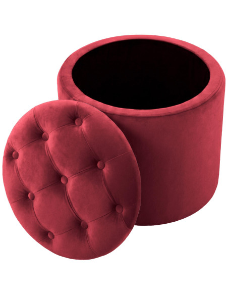 Pouf coffre rond capitonné velours rouge 44x44x42 cm Paimpol