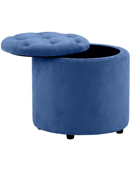 Pouf coffre rond capitonné velours bleu profond 44x44x42 cm Paimpol