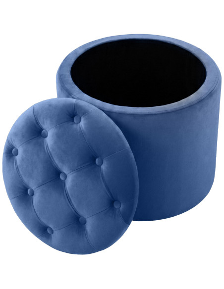 Pouf coffre rond capitonné velours bleu profond 44x44x42 cm Paimpol