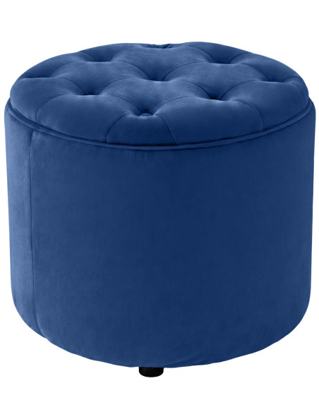 Pouf coffre rond capitonné velours bleu profond 44x44x42 cm Paimpol