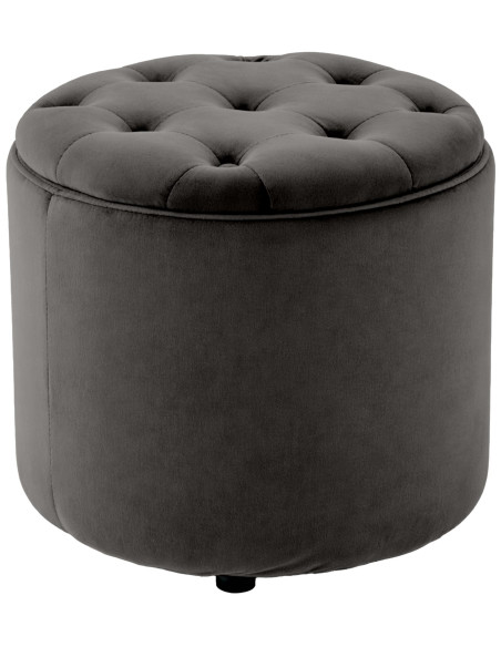 Pouf coffre rond capitonné velours gris anthracite 44x44x42 cm Paimpol