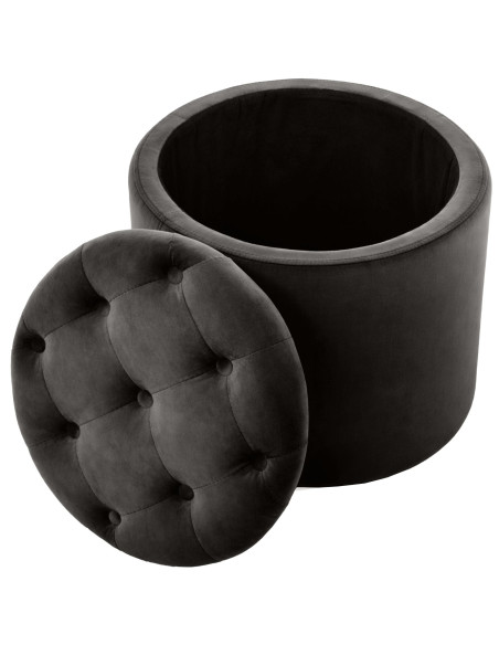 Pouf coffre rond capitonné velours gris anthracite 44x44x42 cm Paimpol