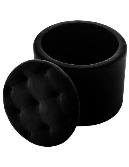 Pouf coffre rond capitonné velours noir 44x44x42 cm Paimpol