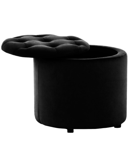 Pouf coffre rond capitonné velours noir 44x44x42 cm Paimpol