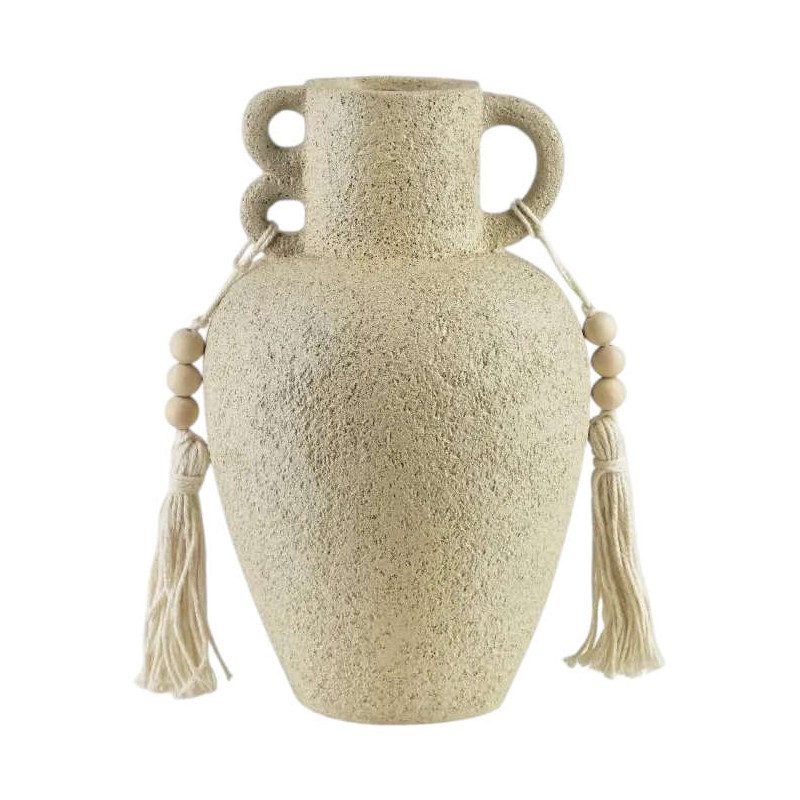 Vase amphore beige à anses et franges...