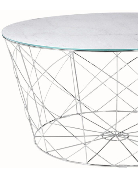 Table basse ronde effet marbre blanc en verre et métal chromé 80x80x45 cm Luni