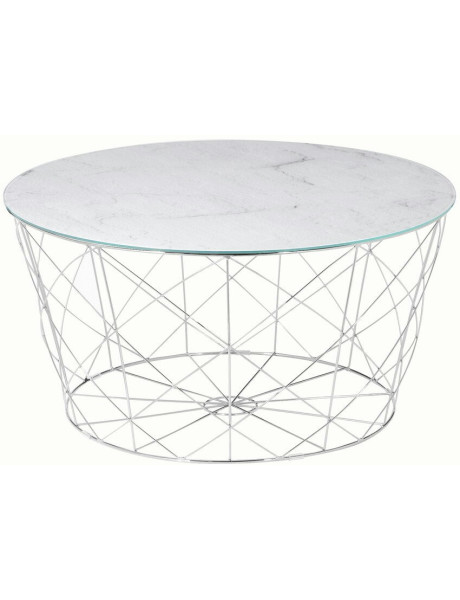 Table basse ronde effet marbre blanc en verre et métal...