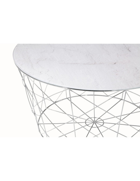 Table basse ronde effet marbre blanc en verre et métal chromé 80x80x45 cm Luni