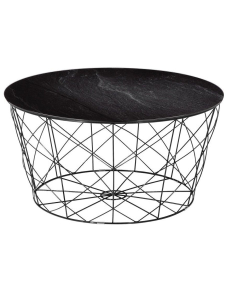 Table basse ronde noire effet marbre en verre et métal 80x80x45 cm Luni