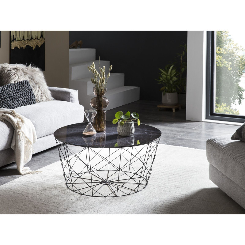 Table basse ronde noire effet marbre...