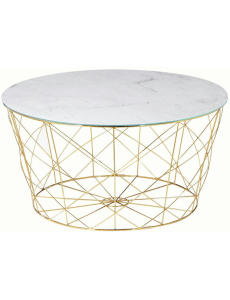 Table basse ronde effet marbre blanc en verre et métal...