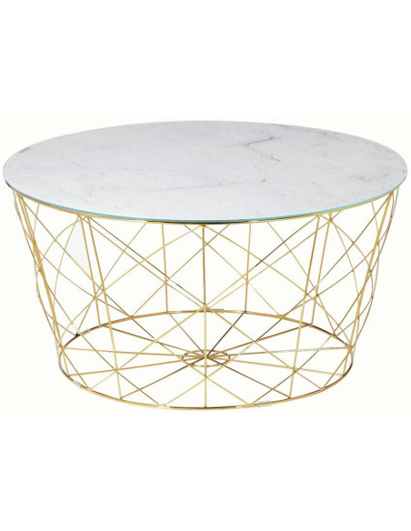 Table basse ronde effet marbre blanc en verre et métal doré 80x80x45 cm Luni