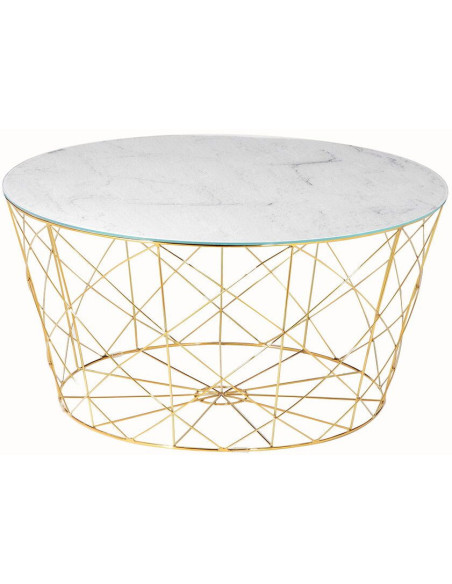 Table basse ronde effet marbre blanc en verre et métal doré 80x80x45 cm Luni