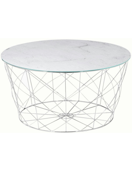 Table basse ronde effet marbre blanc en verre et métal chromé 80x80x45 cm Luni