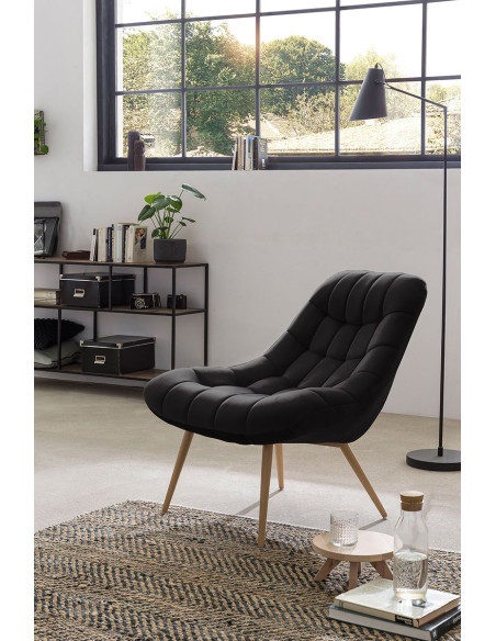 Fauteuil relax noir tissu effet velours pieds métal effet bois 76x87x85,5 cm Rauma