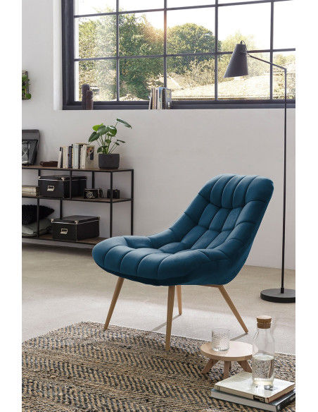 Fauteuil relax bleu cobalt velours polyester pieds effet bois 76x87x85,5 cm Rauma
