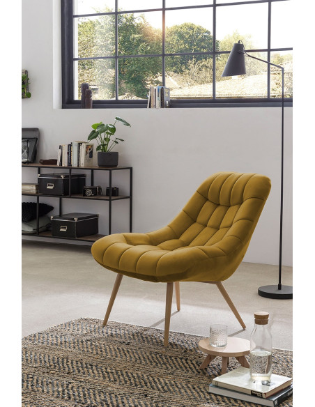 Fauteuil relax jaune moutarde velours polyester pieds effet bois 76x87x85,5 cm Rauma