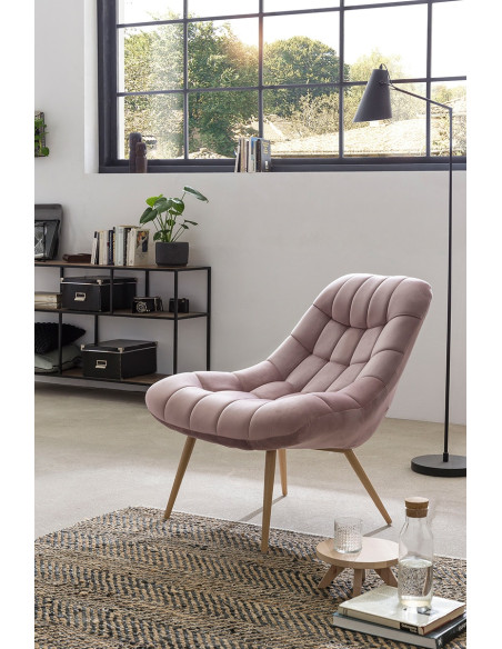 Fauteuil relax rose poudré velours polyester pieds effet bois 76x87x85,5 cm Rauma