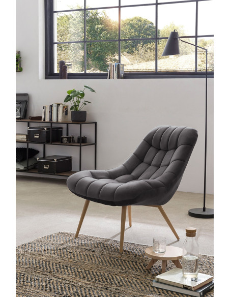Fauteuil relax gris anthracite velours pieds effet bois 76x87x85,5 cm Rauma