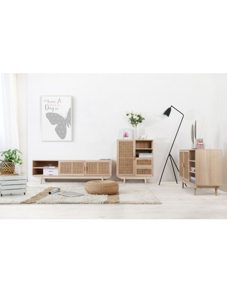 Meuble TV cannage bois naturel 2 portes 150x36x45 cm Leksand