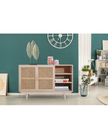 Buffet cannage bois naturel 2 portes 100x36x65 cm Leksand