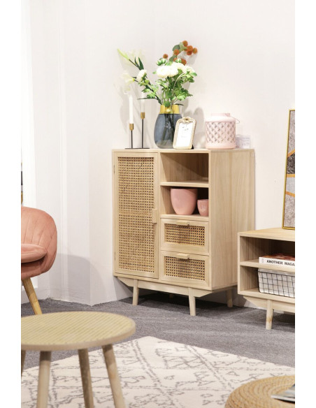 Buffet haut cannage bois naturel 1 porte 2 tiroirs 70x36x85 cm Leksand