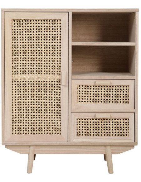 Buffet haut cannage bois naturel 1 porte 2 tiroirs 70x36x85 cm Leksand