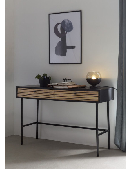 Bureau bois métal noir 2 tiroirs placage chêne 120x50x75 cm Haderslev