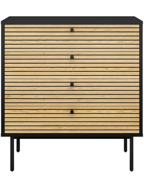 Commode 4 tiroirs bois métal noir placage chêne 80x40x85...