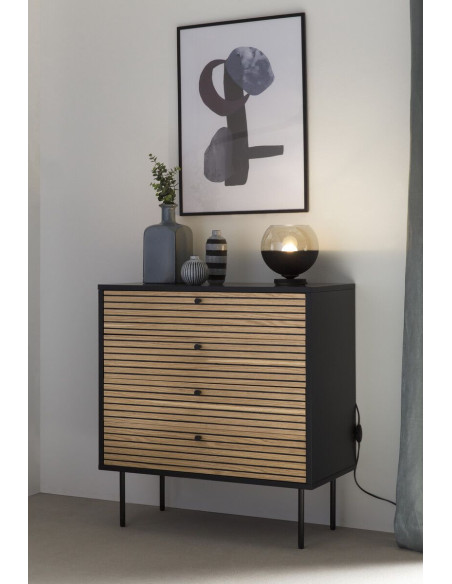 Commode 4 tiroirs bois métal noir placage chêne 80x40x85 cm Haderslev