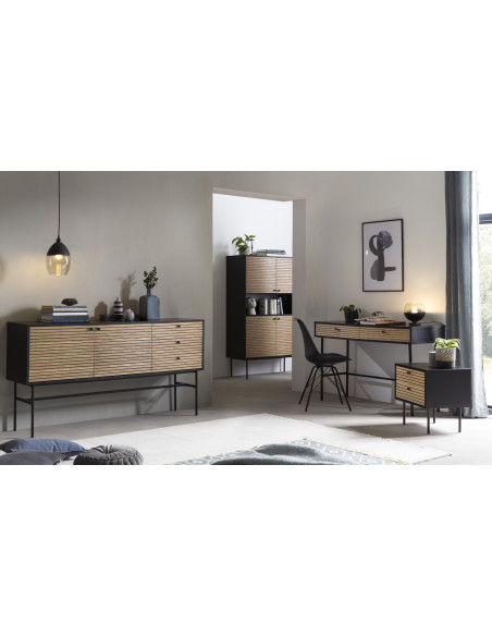 Buffet haut bois métal noir placage chêne 4 portes 100x40x155 cm Haderslev