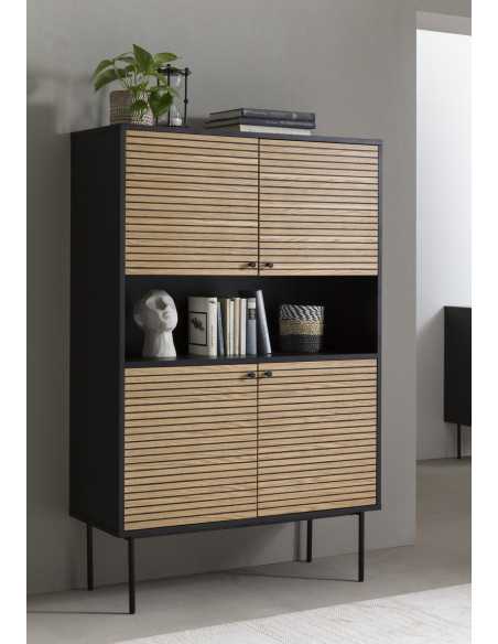 Buffet haut bois métal noir placage chêne 4 portes 100x40x155 cm Haderslev