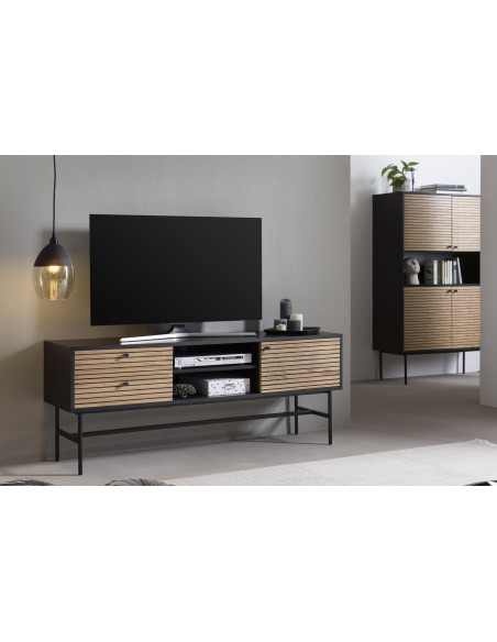 Meuble TV noir et chêne métal 2 tiroirs 150x40x60 cm Haderslev