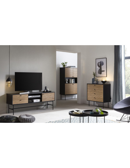 Meuble TV noir et chêne métal 2 tiroirs 150x40x60 cm Haderslev