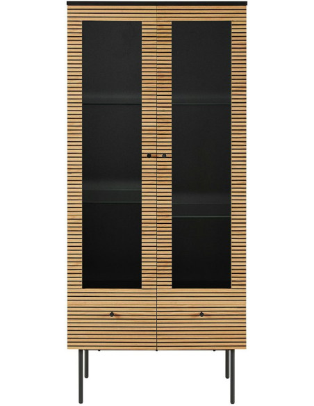 Vitrine 2 portes noir et chêne 2 tiroirs 79x43x179 cm Haderslev