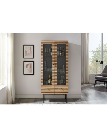Vitrine 2 portes noir et chêne 2 tiroirs 79x43x179 cm Haderslev