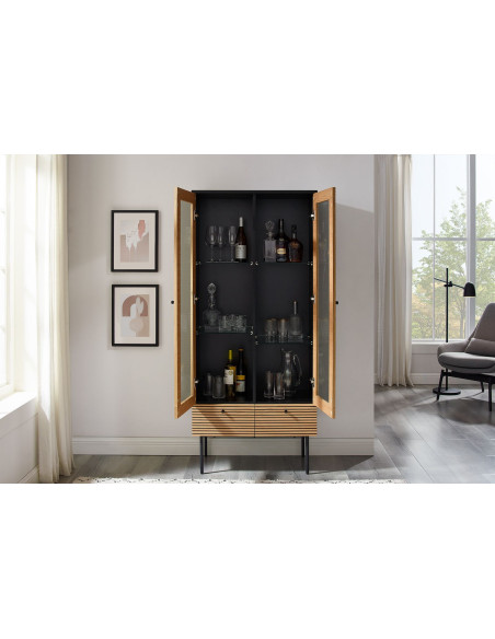 Vitrine 2 portes noir et chêne 2 tiroirs 79x43x179 cm Haderslev