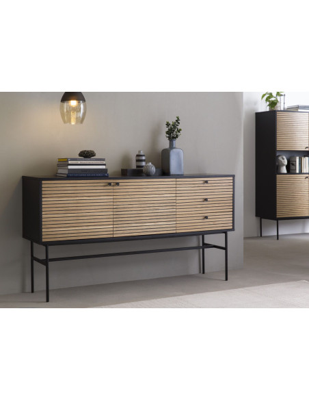 Buffet enfilade noir et chêne 2 portes 3 tiroirs 160x40x85 cm Haderslev
