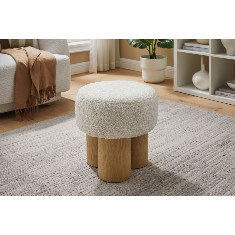 Pouf rond bouclette blanc bois...