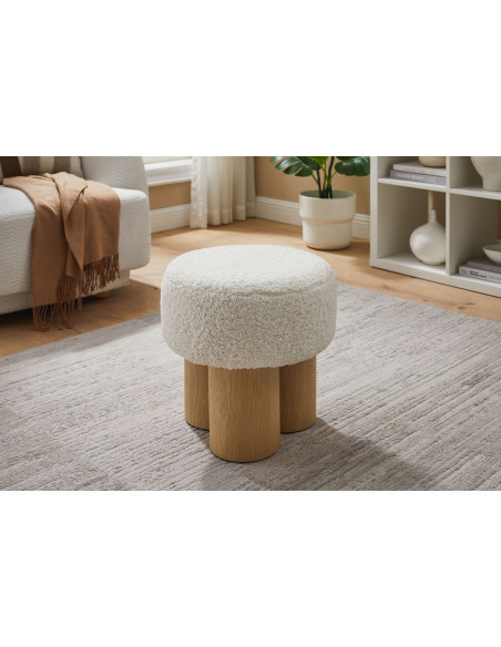 Pouf rond bouclette blanc bois naturel Ø50x49 cm Farsund