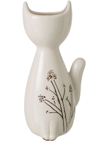 Vase chat porcelaine blanc noir motif floral 13x11x27 cm...