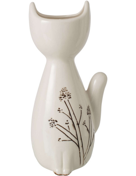 Vase chat porcelaine blanc noir motif floral 13x11x27 cm Lodi